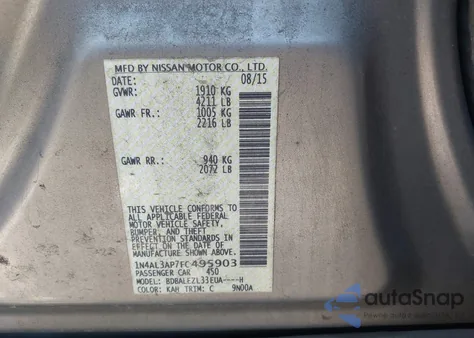 2015 Nissan Altima 2.5 S z USA, uszkodzony, nr VIN 1N4AL3AP7FC495903